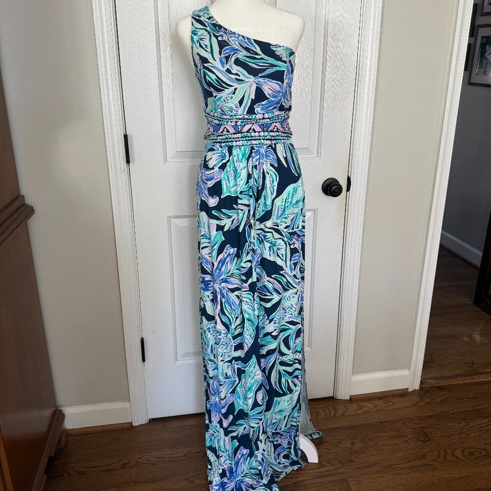 Lilly Pulitzer Malia One-Shoulder Dress Small in High Tide Navy Ready Set Gecko